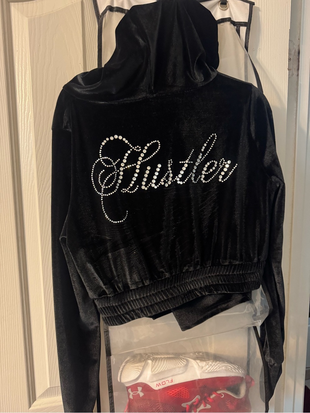 Black Women’s Velour Hoodie Jacket with 'Hustler' Rhinestone  with match shorts